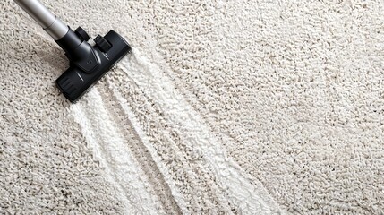 Vacuum cleaner head on plush white carpet. Home cleaning process. Concept of household cleanliness,...