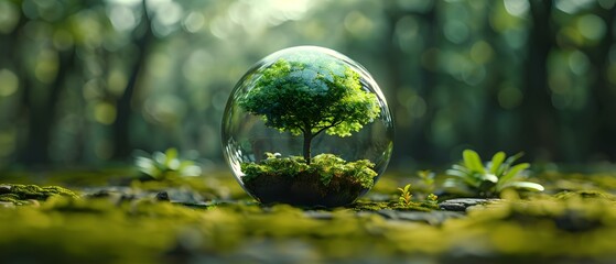 Sustainable Representation of Nature: A Glass Globe in a Lush Forest Depicting Climate Change. Concept Nature Conservation, Environmental Awareness, Global Warming, Ecosystem Preservation