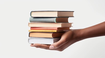 African American hand holding stack of hardcover books. Collection of old books in black female hand. Concept of traditional knowledge, classic literature, intellectual heritage. White backdrop