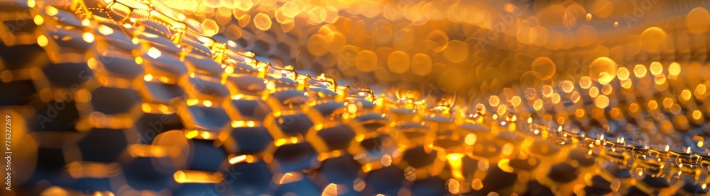 Poster blue and gold honeycomb texture with sparkling light effects. reflective hexagonal pattern with cool