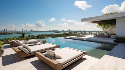 Fototapeta premium Modern villa with a private rooftop infinity pool overlooking the Miami skyline in Florida