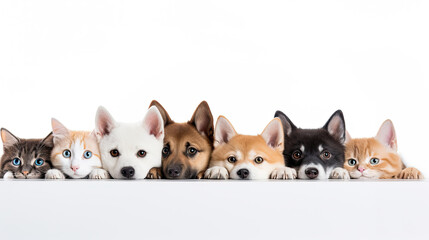 A group of cats and dogs peeking out in a row at a white table. Advertising banner mockup of pet product or veterinary clinic.