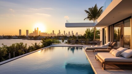 Naklejka premium Modern villa with a private rooftop infinity pool overlooking the Miami skyline in Florida