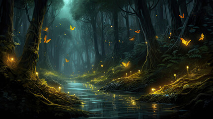 A magical forest with a stream and flying fireflies in the rays of the moon.