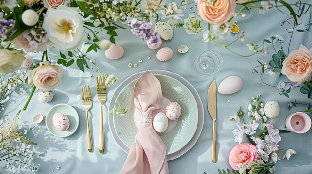 Easter table setting with painted eggs, spring flowers and crockery