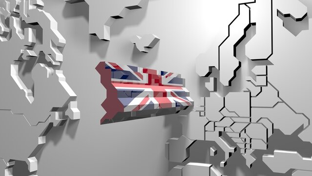 3D Rendered United Kingdom Map with British Flag on Extruded Surface
