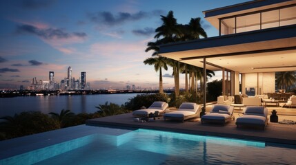 Fototapeta premium Modern villa with a private rooftop infinity pool overlooking the Miami skyline in Florida