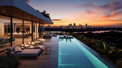 Obraz premium Modern villa with a private rooftop infinity pool overlooking the Miami skyline in Florida