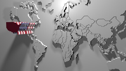 3D Extruded World Map with Highlighted American Flag on USA