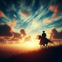 illustration of a cowboy riding at sunset, ai generated