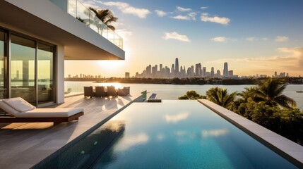 Obraz premium Modern villa with a private rooftop infinity pool overlooking the Miami skyline in Florida