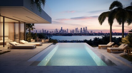 Fototapeta premium Modern villa with a private rooftop infinity pool overlooking the Miami skyline in Florida