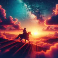 Fototapeta premium illustration of a cowboy riding at sunset, ai generated