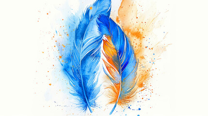 Two blue and orange feathers. Western bluebird feathers. The watercolor technique will infuse the...