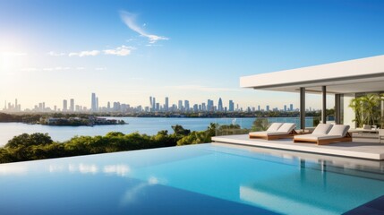 Obraz premium Modern villa with a private rooftop infinity pool overlooking the Miami skyline in Florida