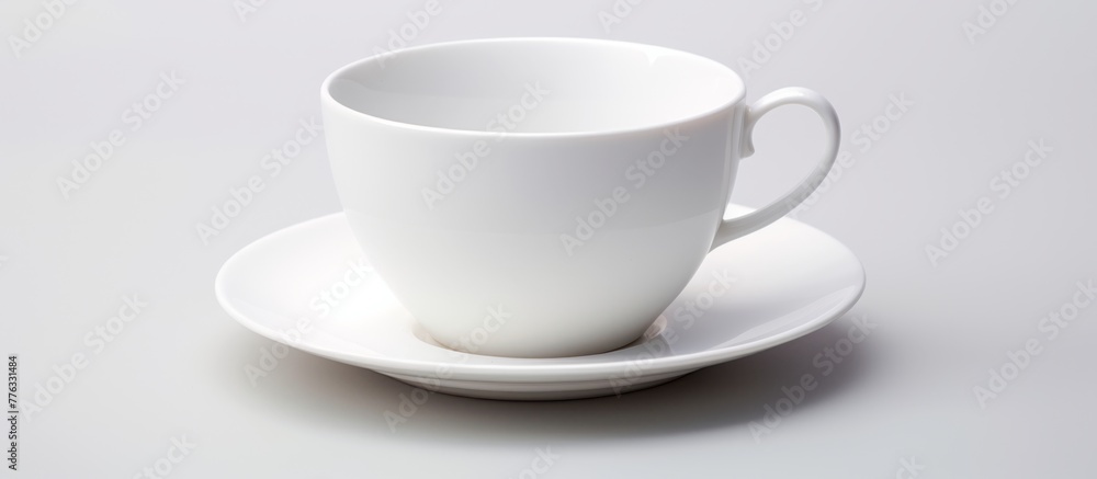 Poster white cup and saucer placed on a plate, creating a simple and clean tabletop setting