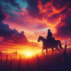 illustration of a cowboy riding at sunset, ai generated
