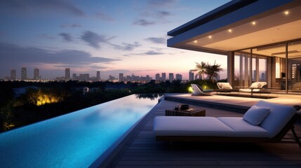 Fototapeta na wymiar Modern villa with a private rooftop infinity pool overlooking the Miami skyline in Florida