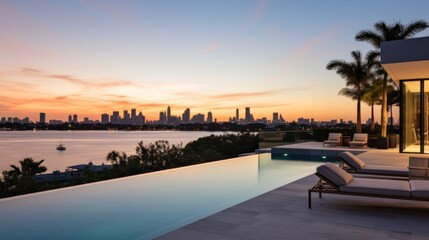 Fototapeta premium Modern villa with a private rooftop infinity pool overlooking the Miami skyline in Florida