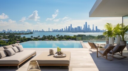 Fototapeta premium Modern villa with a private rooftop infinity pool overlooking the Miami skyline in Florida
