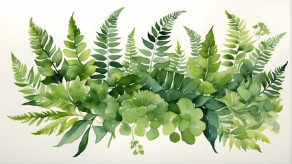Hand-painted watercolor illustration with a vibrant arrangement of different lush green ferns and foliage