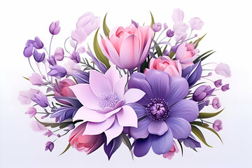 Beautiful floral bouquet with pink and purple flowers.  illustration.