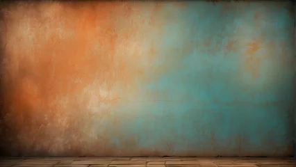 Fotobehang An image of a textured wall with a gradient from blue to orange, depicting signs of decay and age © Heruvim