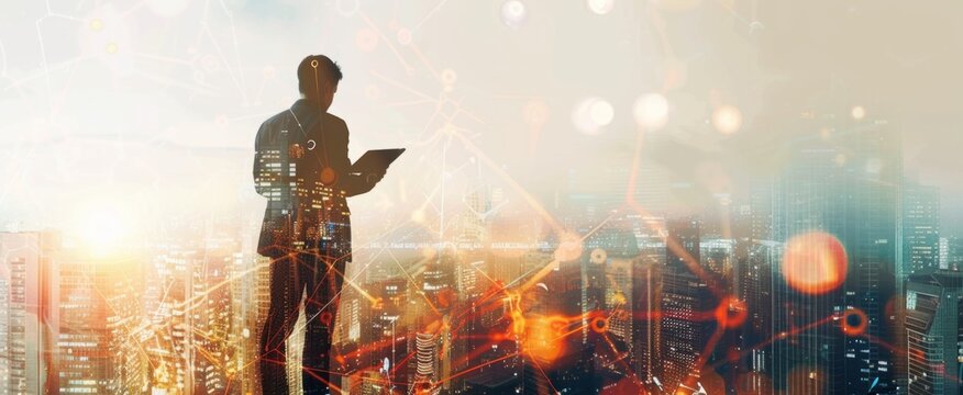 Businessman using a tablet and holding a digital network with a city background, double exposure photography cityscape view, technology concept Generative AI