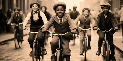 Wide-angle vintage black and white photo of a group of children cycling on bikes outside on the street in fall or spring, wearing coats and bike helmets. 1900s style with digital noise, nostalgic - obrazy, fototapety, plakaty