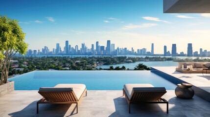 Fototapeta premium Modern villa with a private rooftop infinity pool overlooking the Miami skyline in Florida
