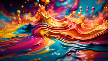 A vividly colored 3D illustration of dynamic liquid splashes frozen in time creating a flashy, effervescent effect across a digital canvas