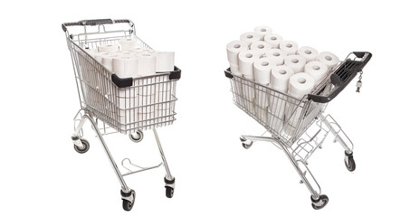 Shoping cart filled with toilet paper, hamster purchase. On white background