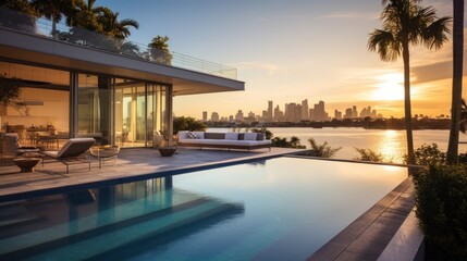 Obraz na płótnie Canvas Modern villa with a private rooftop infinity pool overlooking the Miami skyline in Florida