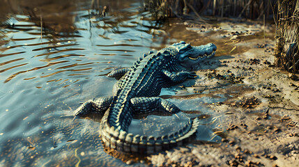 Fototapeta premium A solitary crocodile resting on a muddy riverbank, its powerful tail partially submerged in the water, creating ripples