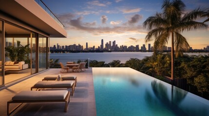 Fototapeta premium Modern villa with a private rooftop infinity pool overlooking the Miami skyline in Florida