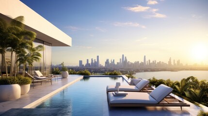 Fototapeta premium Modern villa with a private rooftop infinity pool overlooking the Miami skyline in Florida