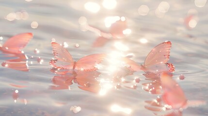 pink butterflies on shimmering white water - obrazy, fototapety, plakaty