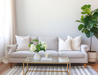 Template of cozy living room design with light gray sofa and green plant. Interior mockup with clean walls for pictures, posters, paintings, sculptures, and other wall art.