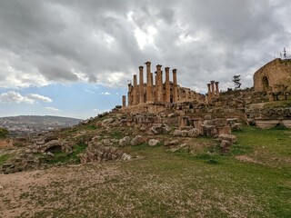 Jerash city ancient Roman structures,Gerasa, Jordan, hippodrom, amphiteatre,theatres and columns of...