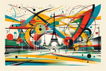 Abstract interpretation of the Olympic Games in Paris, featuring the iconic Louvre and its modern glass pyramid juxtaposed with fluid, colorful shapes, symbolizing the dynamism of sports 2024
