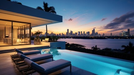 Obraz premium Modern villa with a private rooftop infinity pool overlooking the Miami skyline in Florida