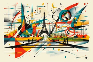 Abstract interpretation of the Olympic Games in Paris, featuring the iconic Louvre and its modern glass pyramid juxtaposed with fluid, colorful shapes, symbolizing the dynamism of sports 2024