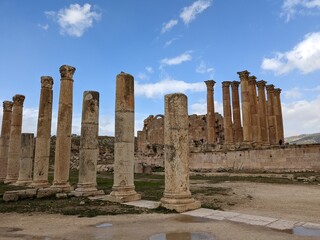 Jerash city ancient Roman structures,Gerasa, Jordan, hippodrom, amphiteatre,theatres and columns of the ancient Roman civilization made out of sand and