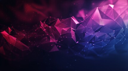 Futuristic Low Poly Mesh Structure with Pink and Blue Geometric Shapes and Glowing Digital Network on Dark Abstract Background