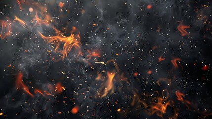 Abstract representation of sparks and embers from a fire, set against a dark background. Glowing sparks from bonfire on dark background - obrazy, fototapety, plakaty
