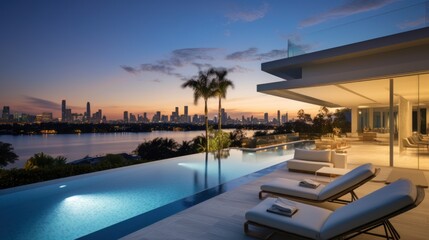 Obraz premium Modern villa with a private rooftop infinity pool overlooking the Miami skyline in Florida