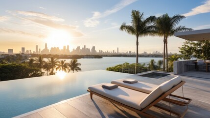 Obraz premium Modern villa with a private rooftop infinity pool overlooking the Miami skyline in Florida