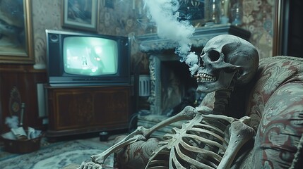 skeleton sitting in armchair smoking cigarette, nicotine addict