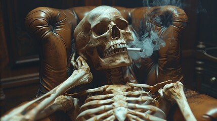 skeleton sitting in armchair smoking cigarette, nicotine addict