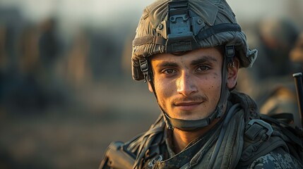 Fototapeta premium portrait of smiling soldier in camouflage and helmet looking at camera, 
